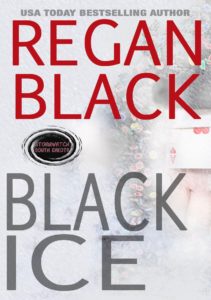 A book cover for "Black Ice" by Regan Black featuring poker chips and the ace of hearts blurred by a snowy effect