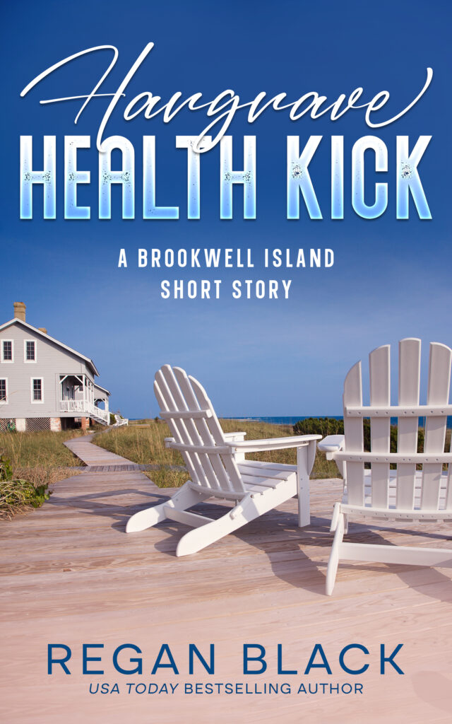 A book cover for "Hargrave Health Kick" by Regan Black featuring a beach house and white deck chairs overlooking the water on a clear day