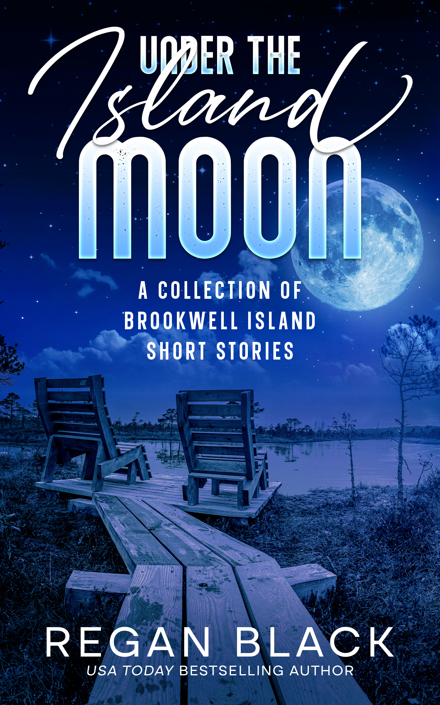 A book cover for Under the Island Moon a collection of Brookwell Island short stories by Regan Black featuring deck chairs near the water on a moonlit night.