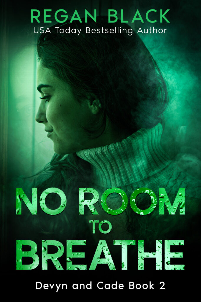 A book cover for "No Room to Breathe" by Regan Black featuring a woman near a window on a green background