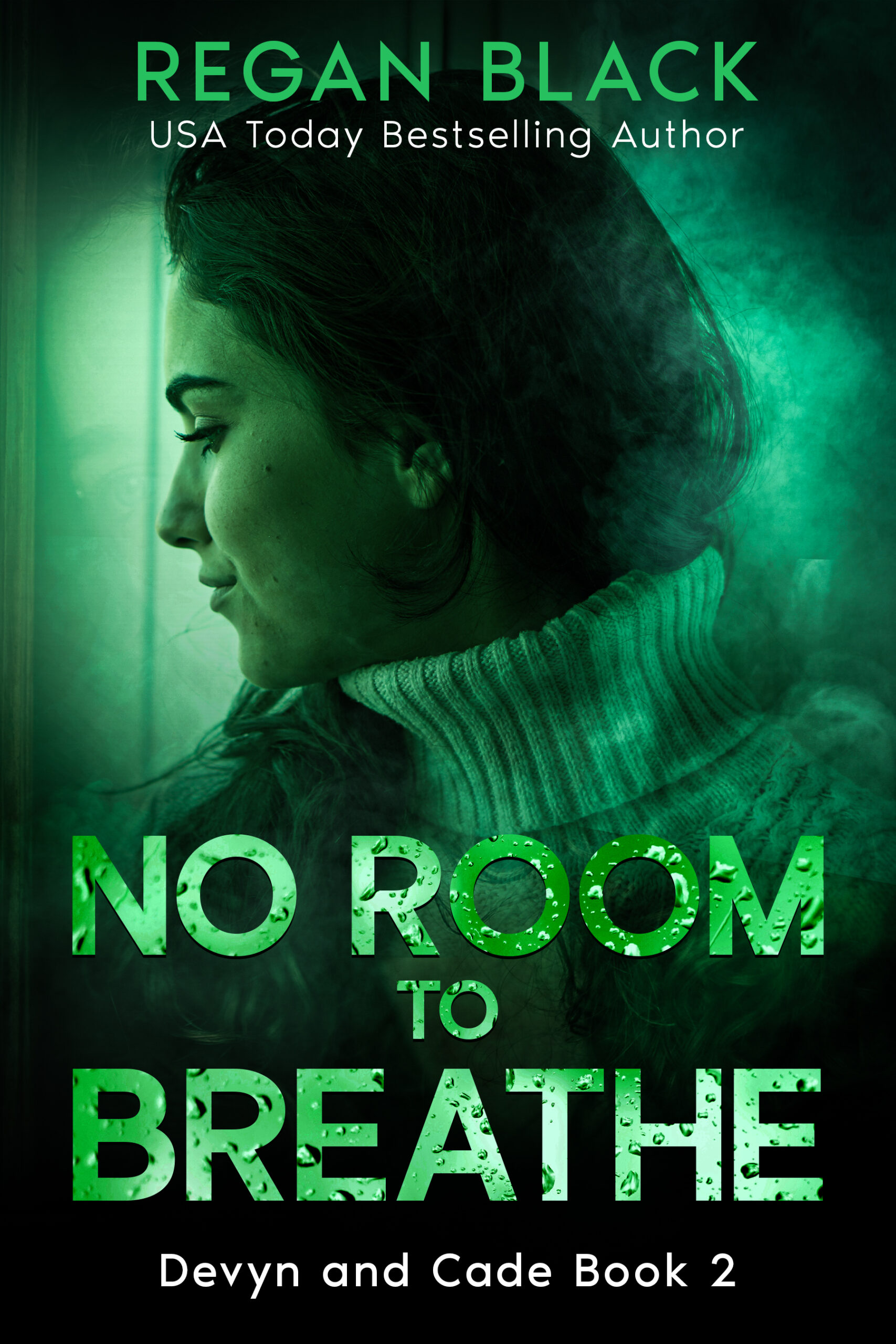 A book cover for "No Room to Breathe" by Regan Black featuring a woman near a window on a green background