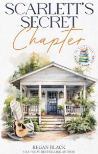 A book cover for Scarlett's Secret Chapter by Regan Black with a watercolor image of a coastal cottage