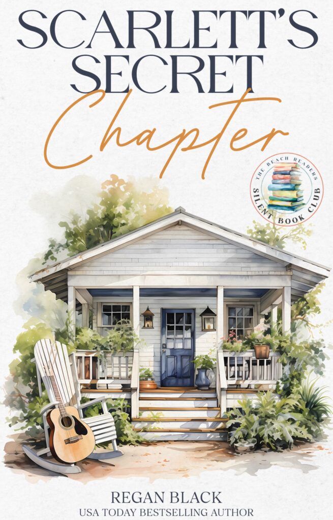 A book cover for Scarlett's Secret Chapter by Regan Black with a watercolor image of a coastal cottage