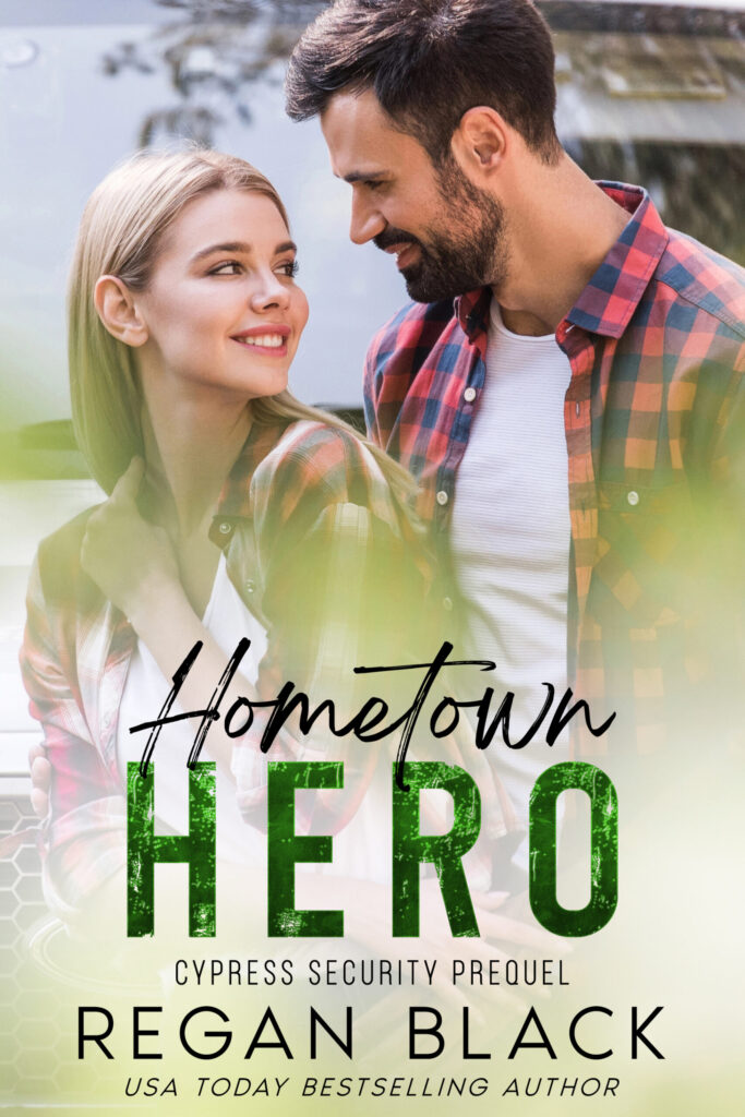 Book cover for Hometown Hero by Regan Black featuring a happy couple smiling at each other in a small town setting